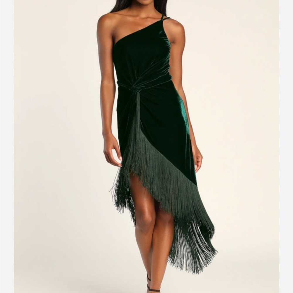 Sold out Lulus green velvet fringe midi dress.